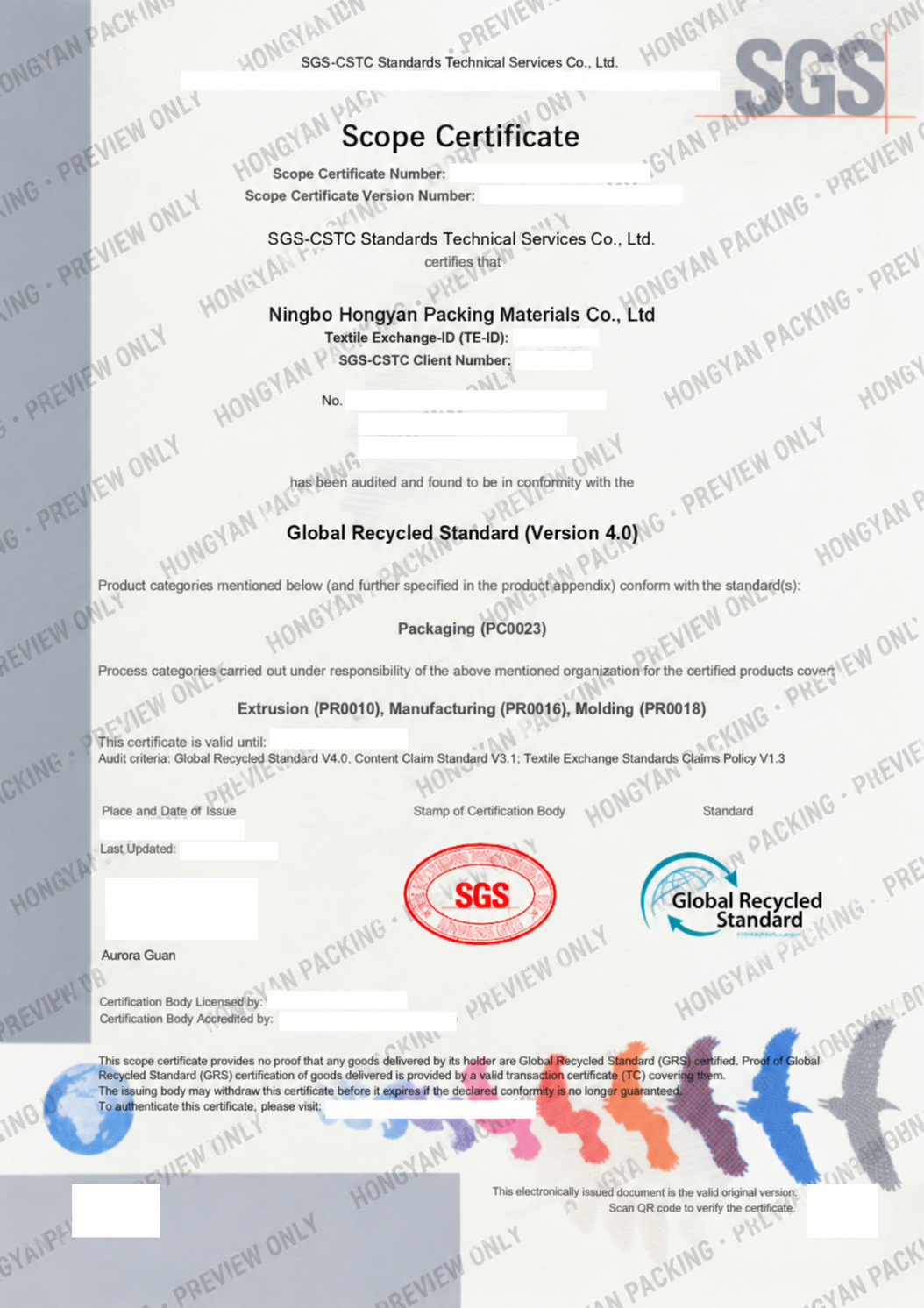 GRS certificate preview with protected information